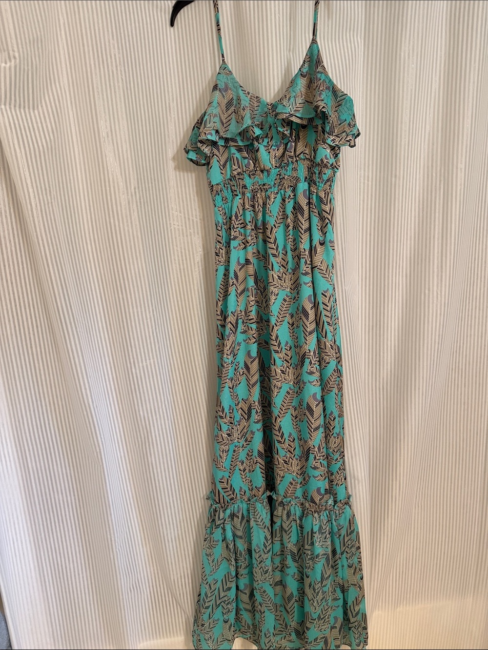 Turquoise Leaf-Print Maxi Dress with Ruffle Bodice